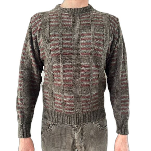 Vintage 80s Carmel Sportswear Wool Geometric Stripe Green Sweater Pullover Large - Picture 1 of 5